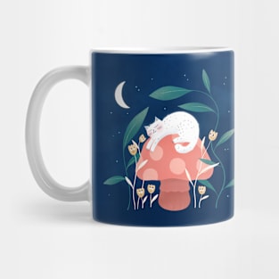 Cute white cat with, mushroom and curious flowers, version 1 Mug